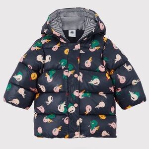 Petit Bateau Girls Navy Bird Print Winter Jacket - Size 12M